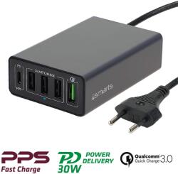 4smarts Mains Charging Station VoltPlug PPS Power Delivery & QC3.0 60W - захранване с 4хUSB изхода и USB-C изход (тъмносив)