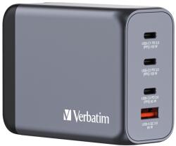 Verbatim GaN Fast Wall Charger 200W - захранване за ел. мрежа за мобилни устройства с 1xUSB-A и 3xUSB-C изходи с технология за бързо зареждане и преходници за цял свят (тъмносив)