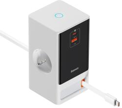 Baseus PowerCombo Power Sstrip 65W - разклонител с 1 изход и вградени 1xUSB-A, 1xUSB-C изхода за мобилни устройства (бял)