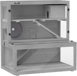 PawHut Cușcă pentru Hamster din Lemn, 3 Niveluri cu Căsuță, Roată, Rampe, Panou Transparent, Spații Separate, 80x50x84cm, Gri | Aosom Romania (D51-499V01GY)