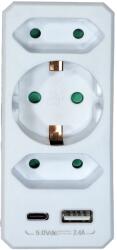 GAO Földeletlen elosztó 2x euró 1x földelt aljzat USB A+C fehér
