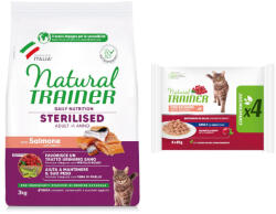 Natural Trainer 3kg Natural Trainer Adult száraz macskatáp + hozzáillő nedves macskatáp akcióban - Sterilised lazac 3 kg + Adult Lazac