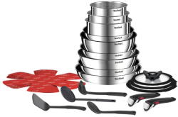 Tefal Tigai si seturi Set 22 piese Tefal Ingenio Emotion L897SM74, cratițe 16/18/20 cm, tigăi 22/24/26/28 cm, tigaie saute 24 cm, wok 26 cm, capace 16/18/20 cm, 2 mânere, 4 spatule, 4 protecții tigăi, argin