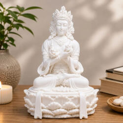  Buddha szobor dordzséval és csengővel - fehér műgyanta, 17 cm