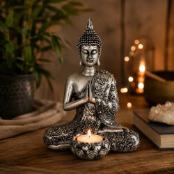  Buddha mécsestartóval - ezüst színű, 20, 5 cm