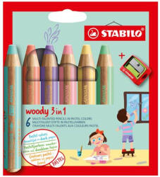 STABILO Színes ceruza készlet, kerek, vastag, STABILO "Woody 3 in 1 Pastel", 6 különböző pasztell szín (8806-3)