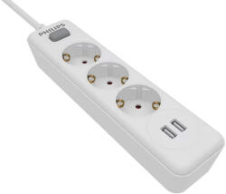 Philips Prelungitor Philips SPN3032WA/58, cu intrerupator, protectie copii, 3 prize, xUSB-A, 2 m, Alb (SPN3032WA/58)