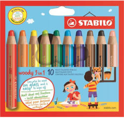 STABILO Színes ceruza készlet, kerek, vastag, STABILO "Woody 3 in 1", 10 különböző szín (880/10)