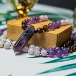 Ezera Tanay, Colier Mala 108 cu varf dublu de Ametist si margele de Kunzit, Smoky Quartz si Cuart transparent (EZCMTAN)