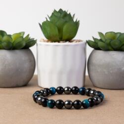 Ezera Bratara barbati Ohas din cristale de Ochi de Tigru Royal Blue, Hematit si Obsidian, sfere de 8mm (BHMBOHA)
