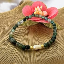 Ezera Bratara dama Samanta cu cristale Moss Agate cu Perla si accesorii din argint placat cu aur (BDSAMAG925)