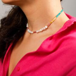 Ezera Colier Choker perle naturale Taya cu cristale de Turmalina roz, Topaz, Amazonit si Ametist din Argint 925 placat cu aur (CTAY925)