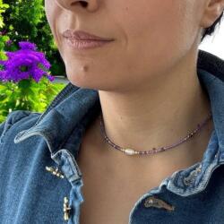 Ezera Colier choker Elina din margele Miyuki mov cu cristale de Ametist si argint placat cu aur 925 (CELMAMET925)
