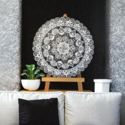 Ezera Tablou mandala realizat manual - un cerc de liniste, desenat punct cu punct in nuante alb-negru, 30 cm (C2099)