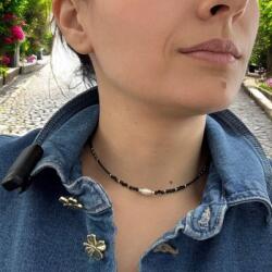 Ezera Colier choker handmade Elina din miyuki negru cu Obsidian si argint placat cu aur 925 (CMELIN925)
