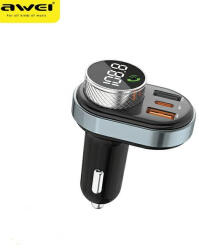 Awei C-843 kihangosító FM transzmitterrel, Bluetooth 5.0, MP3, 1xUSB+1xUSB-C, transmitter, fekete