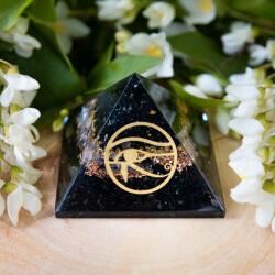 Ezera Piramida Orgonica Ebony din Turmalina Neagra, Cuart Alb, Cupru si Simbol Ochiul lui Horus Pentru Protectie Electromagnetica (POEBO) Obiect de decorat