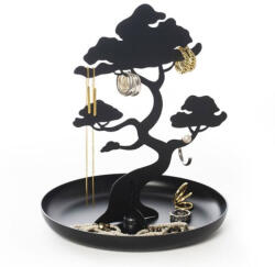 Fekete színű fém bonsai fa ékszertartó állvány tálcával - 17 cm (JK21)