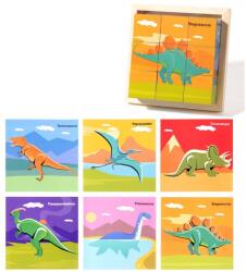 Flippy Puzzle din Lemn, Flippy, 9 Cuburi, 6 Fete, 4-6 Ani, 11 x 11 x 3.2 cm, Model Dinozauri, Multicolor (164753)