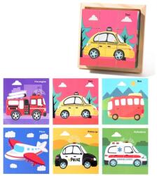 Flippy Puzzle din Lemn, Flippy, 9 Cuburi, 6 Fete, 4-6 Ani, 11 x 11 x 3.2 cm, Model Masini, Multicolor (164756)