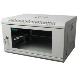 Spacer Rack Spacer Cabinet 19″ SPACER 6U 500x400mm, fixare pe perete, Flatpack (dezasamblat), Grey, usa sticla cu blocare, panouri detasabile, otel 1mm, sarcina maxima 25Kg, contine un raft (SPCW-6U-400-GR-0