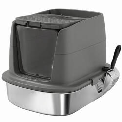 PawHut Litieră mare din oțel inoxidabil, tavă închisă pentru nisip cu lopată metalică și săculeț deodorant, gri închis | Aosom Romania (D31-140V00CG)