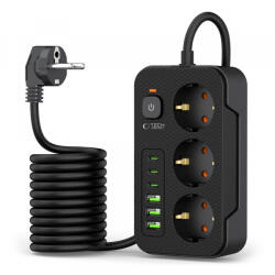 Tech-Protect Prelungitor Tech-Protect PC3X6, 3 x Schuko - 3 x USB-A - 3 x USB-C, Negru