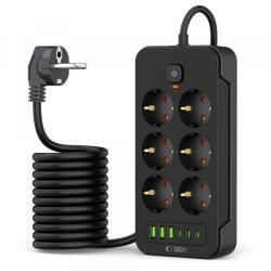 Tech-Protect Prelungitor Tech-Protect PC6X6, 6 x Schuko - 3 x USB-A - 3 x USB-C, Negru