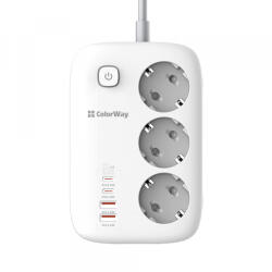 ColorWay Prelungitor ColorWay, 3 x Schuko - 2 x USB-A - 2 x USB-C, Alb