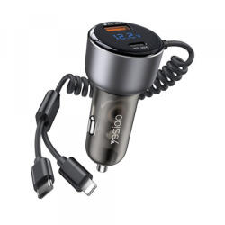 YESIDO Incarcator Auto Cu Cablu USB-C / Lightning Yesido Y58 Display, 60W, 3A, 1 x USB-A - 1 x USB-C, Gri