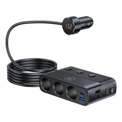 3mk Protection Incarcator Auto 3MK Power Splitter, 120W, 3A, 3 x USB-A - 1 x USB-C - 3 x Extensie Bricheta, Negru