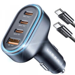 Lisen Incarcator Auto Cu Cablu USB-C Lisen, 101W, 3.25A, 1 x USB-A - 3 x USB-C, Negru YL0223120021