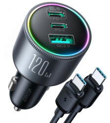JOYROOM Incarcator Auto Cu Cablu USB-C Joyroom JR-CCN07, 120W, 5A, 1 x USB-A - 2 x USB-C, Gri
