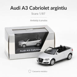 Wiking Macheta Audi A3 Cabriolet argintiu, cu vitrina plexiglas, scara 1: 87, Audi Collection Dealer Models (2903)