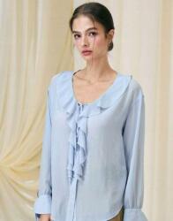 Shein Kék Szellős Chiffon Laza Hosszú Ujjú Ing Shein Békával 36