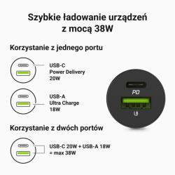 Green Cell GC PowerRide Nano38 38W 6A 1x USB-C 1x USB-A car charger