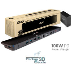 Club 3D Notebook Dokkoló (100W, 3.2 USB-C to 3xUSB-A 3.2, 5x USB-A, HDMI, PD, VGA, RJ45, SD, Micro SD, 3.5 jack)
