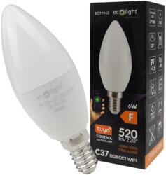 ECOLight LED izzó gyertya E14 6W 520lm RGB CCT WiFi Tuya CANDLE Ecolight (ECOTUY0110)