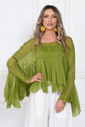 SHOPIKA Bluza din matase naturala si vascoza cu volane tip cascada, croi lejer, verde olive Talie unica