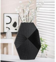  Fekete színű design sokszögletű váza vonalas díszítéssel 37cm Heptagon (52870)