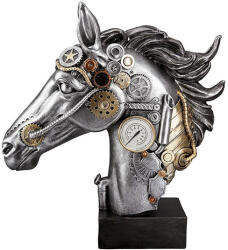  Exkluzív, steampunk stílusú lófejet ábrázoló szobor ezüst színben sötét talapzaton - 34cm (37474)