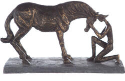  Gyönyörű bronz színű lovat és lovasát ábrázoló szobor - 32 cm (89165)