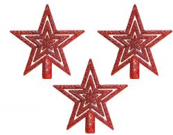  Csillag csúcsdísz formájú függődísz szett, piros színű glitteres felülettel, 3 db - 10 cm (058307)