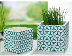  Fehér színű türkizkék mintás kocka formájú cement kaspó 13x13cm Etna (44995)