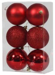  Műanyag karácsonyfadísz gömb, piros színű fényes, matt és glitteres, 8cm, 6db (235507)