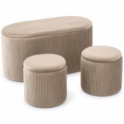 Sersimo Set 3 tabureti bej cu spatiu de depozitare, design striat modern (PHO-5963)