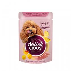 Delickcious DELICKCIOUS, Bucăți de carne de curcan și fructe tropicale în sos cremos, pentru caini, 80g - club4labute
