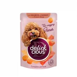 Delickcious DELICKCIOUS, Stripsuri cu somon si morcov in supa crema, pentru caini, 85g - club4labute