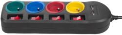 Maclean power strip, 4-socket extension cable + 2xUSB, with switches, 250VAC/10A, 2.1A 5V, 1.5m, black, MCE229 B