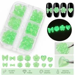  Nail Art Box sötétben foszforeszkáló 3D körömdíszítő formák masni szív virág #1 green